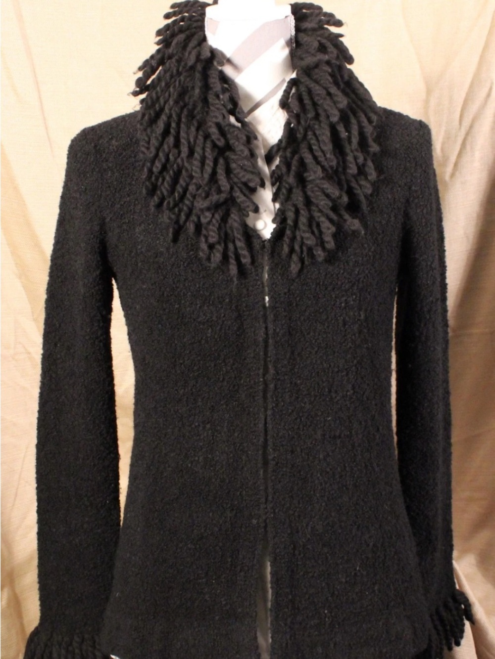 Boho FREE PEOPLE Black Textured Cardigan with Fringe Collar M